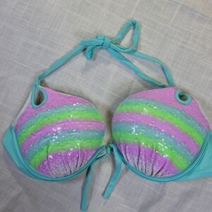 Neon Sequined Push Up Bikini Top Halter Mermaid Wave Multicolor Swimwear